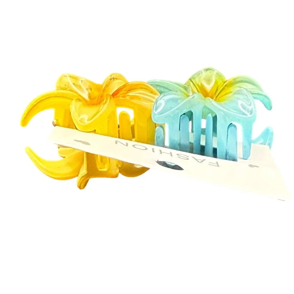 2pc Hibiscus Flower Hair Claw Clips Blue Yellow Tropical Floral Summer Accessory